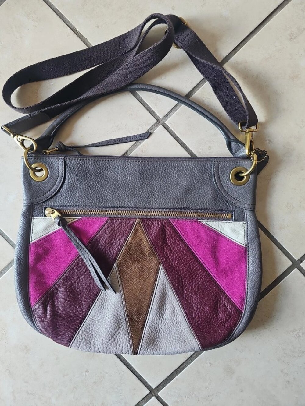Fossil LeatherGray/Purple/White Patchwork Handbag
